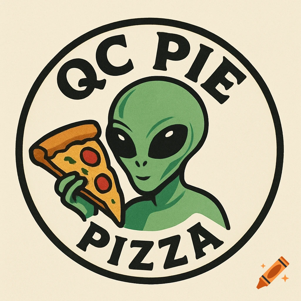 Cartoon logo of a green alien holding a pizza slice with 'QC PIE PIZZA' text.