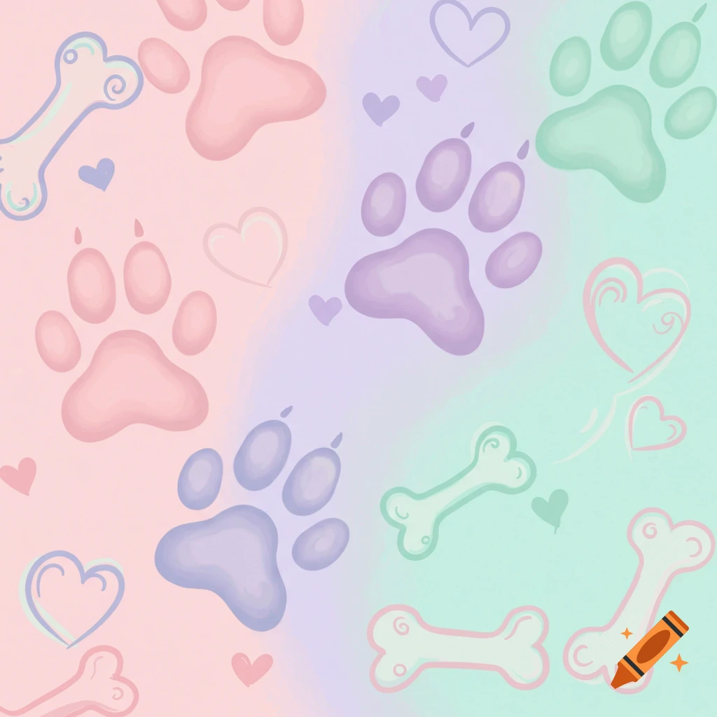 A pastel background with pink, purple, and green gradients, featuring scattered paw prints, bones, and heart shapes in matching soft colors.