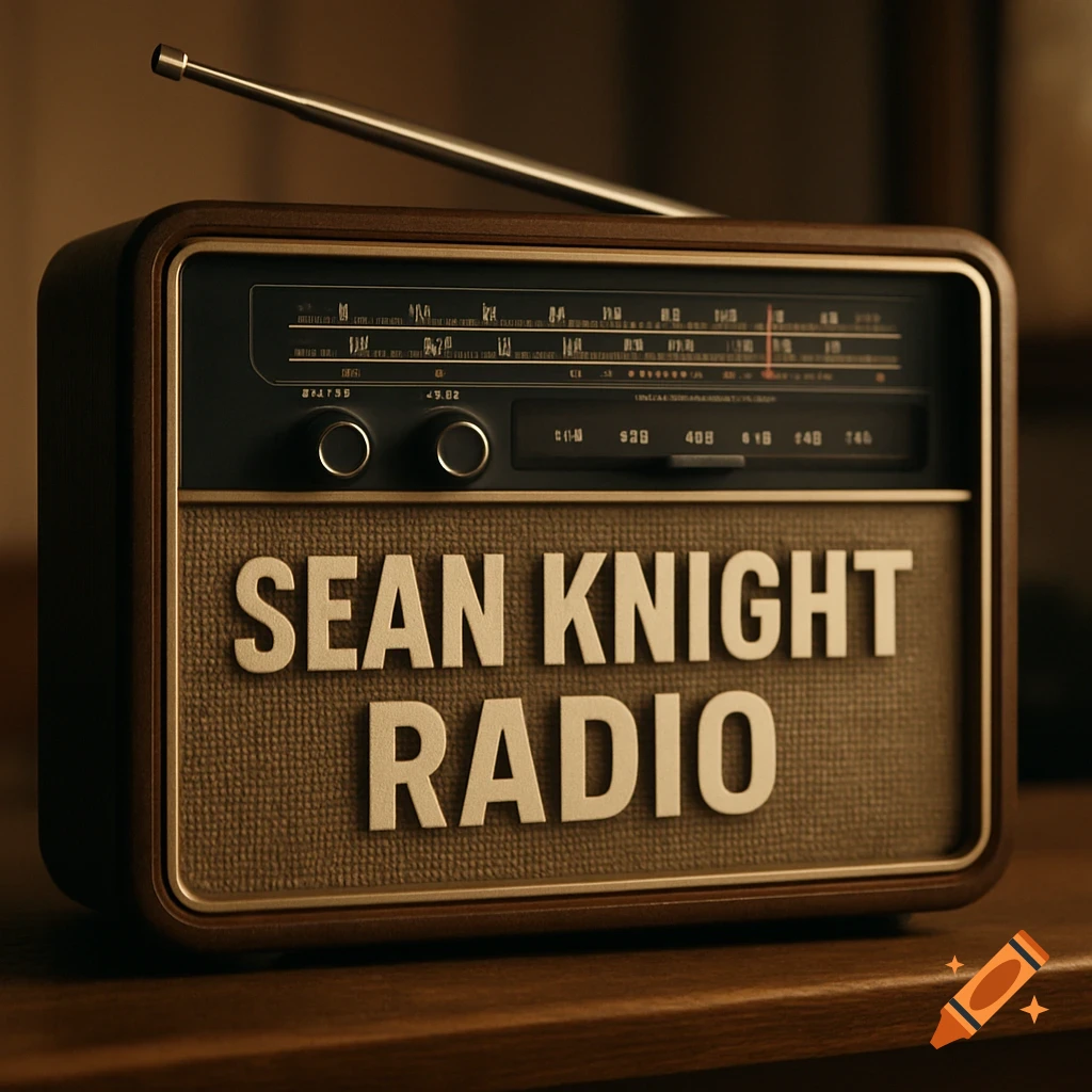 A vintage-style brown radio with an antenna sits on a wooden surface, displaying the text 'SEAN KNIGHT RADIO' on its speaker grille.