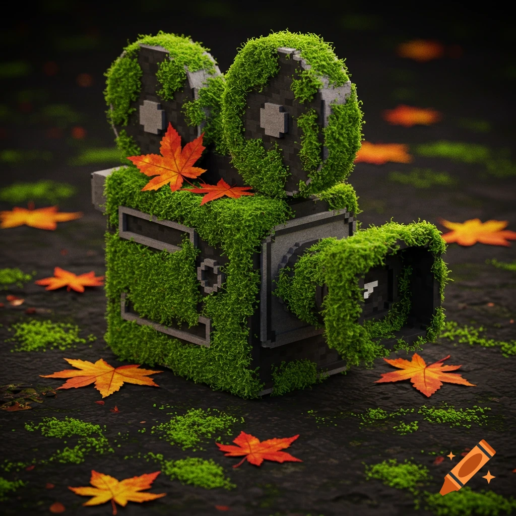A moss-covered pixel art movie camera with autumn leaves scattered around it on a dark ground.