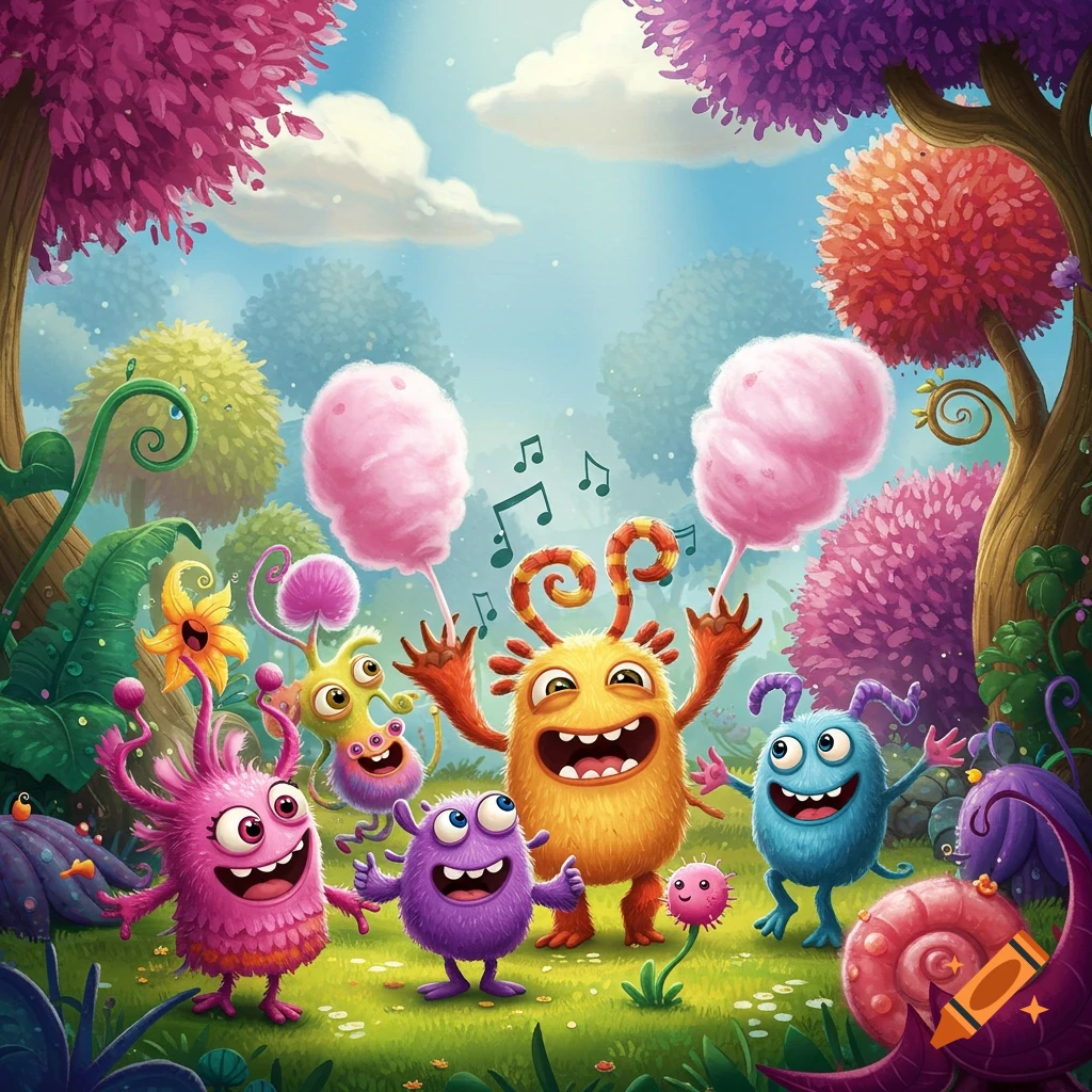 A vibrant cartoon illustration of five colorful, smiling monsters dancing in a whimsical forest, some holding pink cotton candy while musical notes float.
