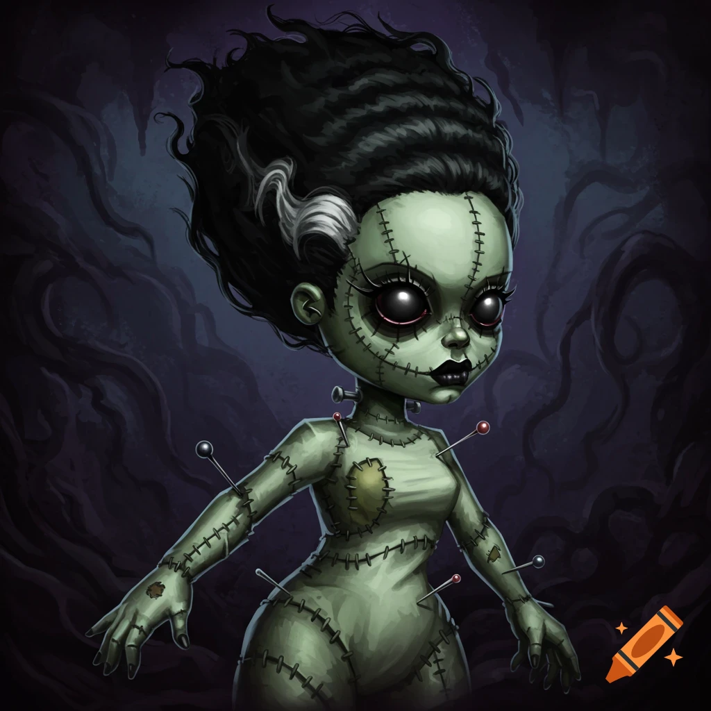 A stylized, green-skinned Bride of Frankenstein voodoo doll with big eyes, stitches, and pins, against a dark, shadowy background.