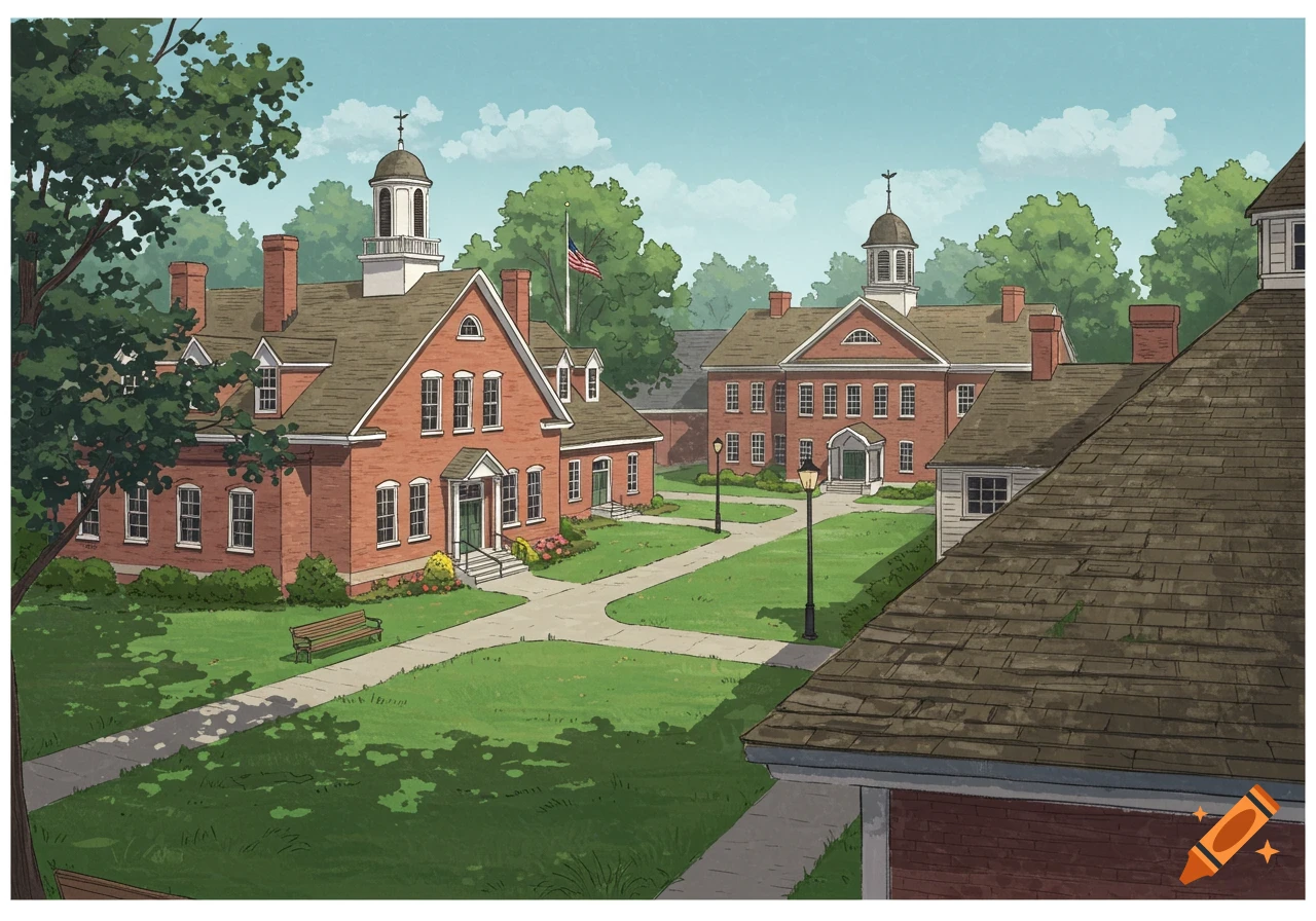 A well-rendered illustration of a brick and clapboard school campus with green lawns, trees, and paths under a blue sky.