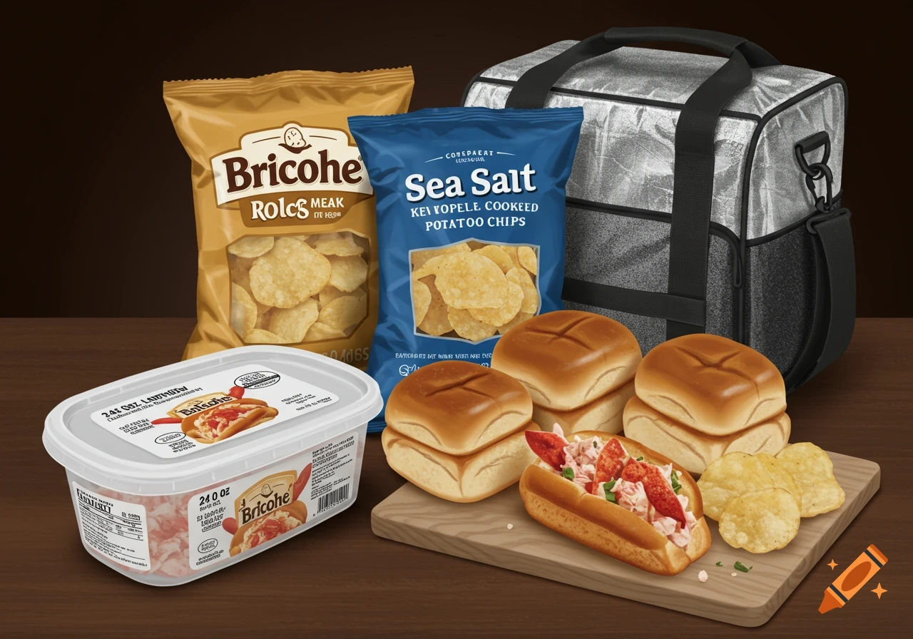 A still life arrangement of a lobster roll, brioche buns, two bags of potato chips, and a tub of lobster meat, with an insulated picnic bag in the background.
