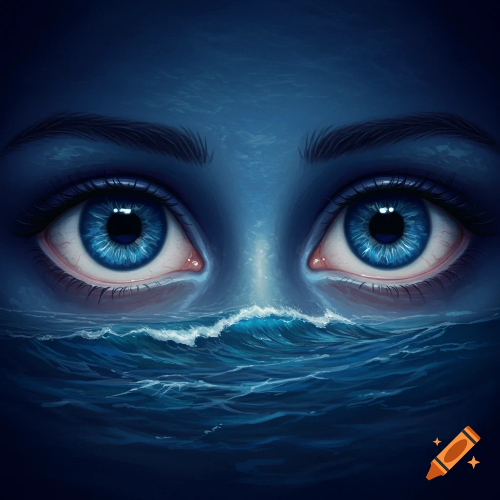 Close-up of stylized dark blue eyes with ocean waves forming part of the lower eye and foreground, all in deep blue tones.