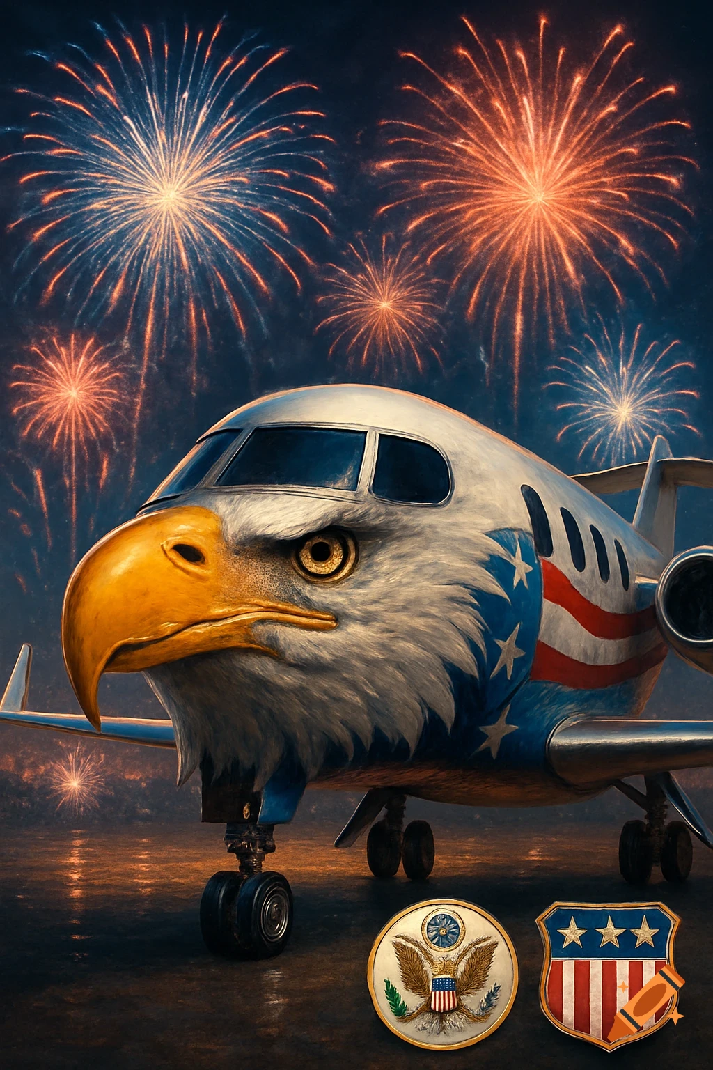 A private jet with an eagle's head as its nose, painted with an American flag, under a night sky with fireworks. Two patriotic badges are at the bottom.