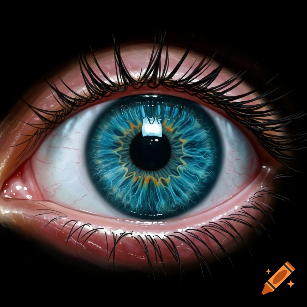 A detailed, vibrant close-up of a blue human eye with intricate iris patterns, set against a black background.