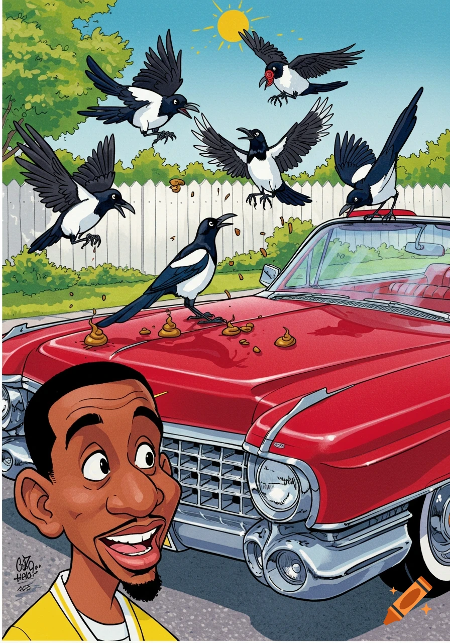 A cartoon of magpies pooping on a red classic car, while a smiling man in a yellow shirt looks on in surprise.
