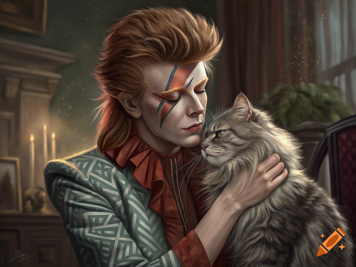 Digital painting of David Bowie (Ziggy Stardust) with a lightning bolt on his face, gently petting a fluffy grey cat in a dimly lit interior.