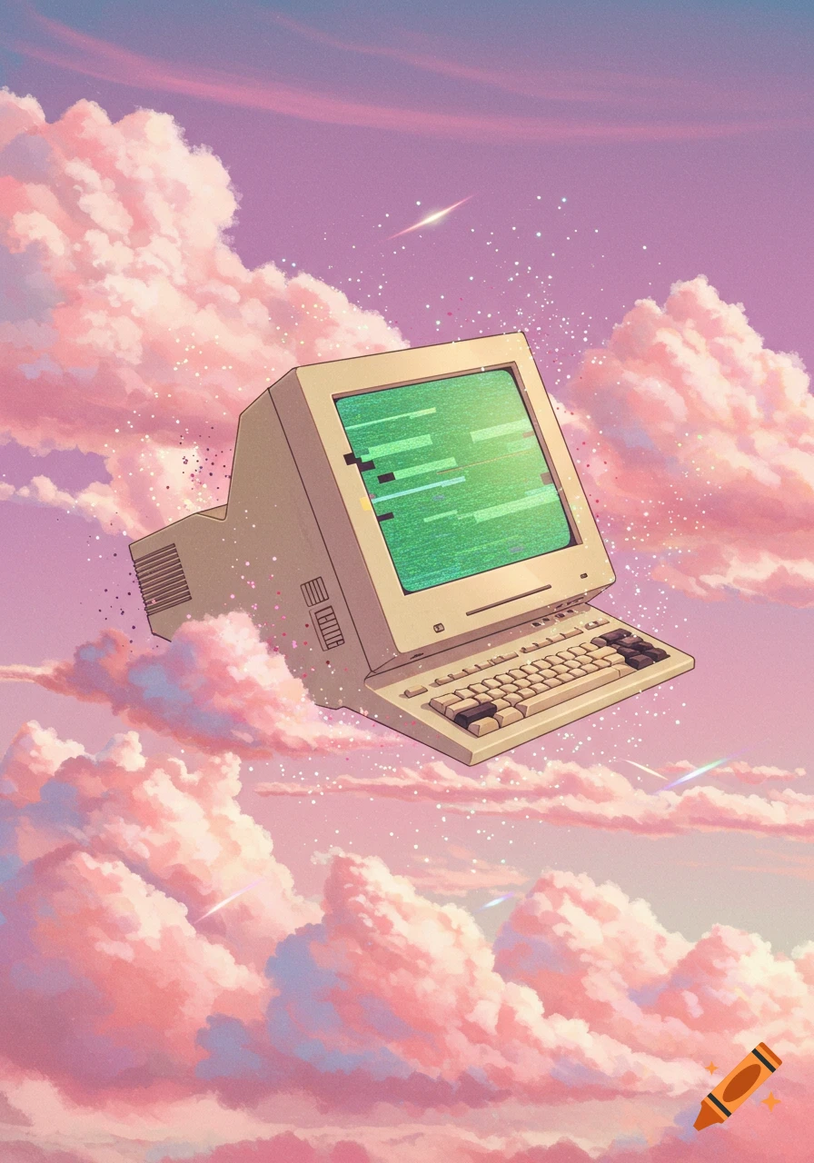An old beige computer with a green screen, showing abstract data, floats among fluffy pink clouds in a purple and pink sky with sparkling stars.