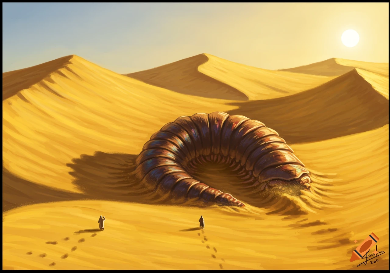 A colossal segmented worm rises from golden sand dunes as two small figures observe it in a desert landscape.