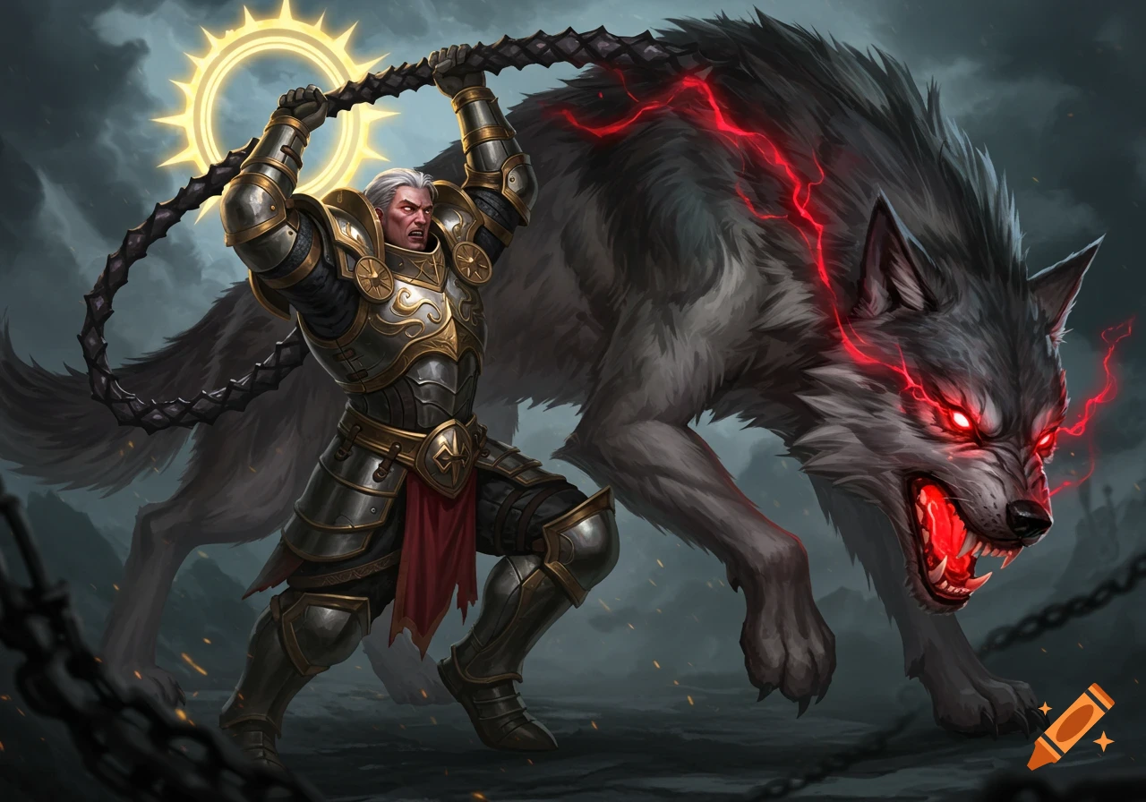 A heavily armored warrior with a glowing halo swings a spiked chain next to a large, snarling wolf with glowing red eyes and lightning effects.