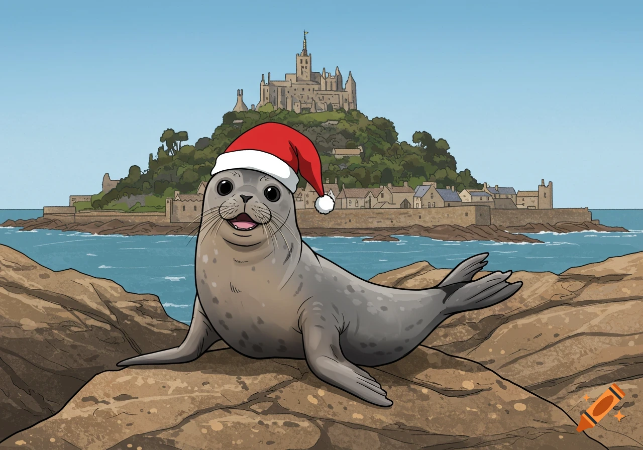 A digital drawing of a happy seal wearing a red Santa hat on rocks, with St. Michael's Mount and the sea in the background.