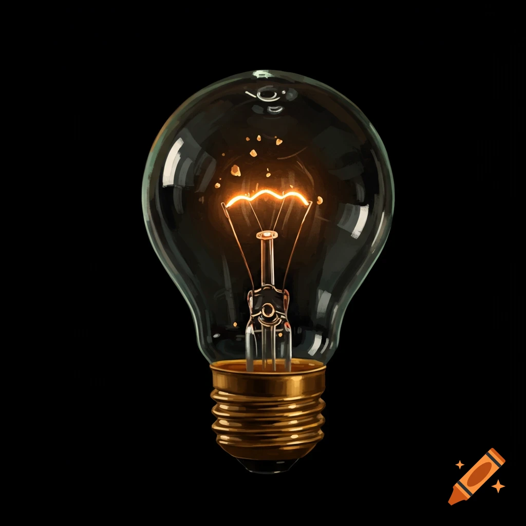 A glowing light bulb with a filament illuminated against a solid black background.
