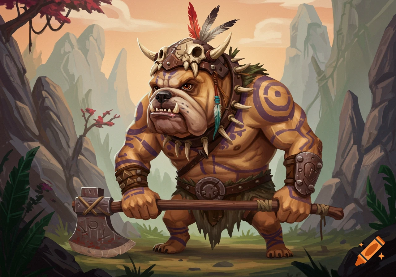 A muscular, brown bulldog warrior stands in a rocky landscape, wearing a skull helmet with feathers and tribal markings, holding a large axe. Stylized illustration.