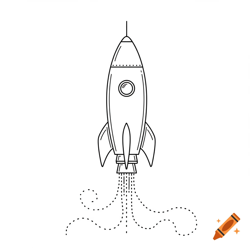 A simple black and white line art illustration of a rocket taking off, with dotted lines representing the exhaust trail.