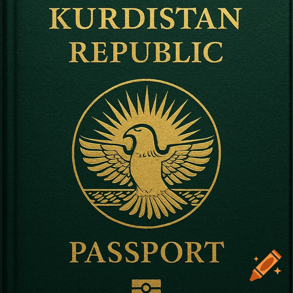 Dark green passport cover with gold embossed 'Kurdistan Republic' text and a golden eagle emblem.