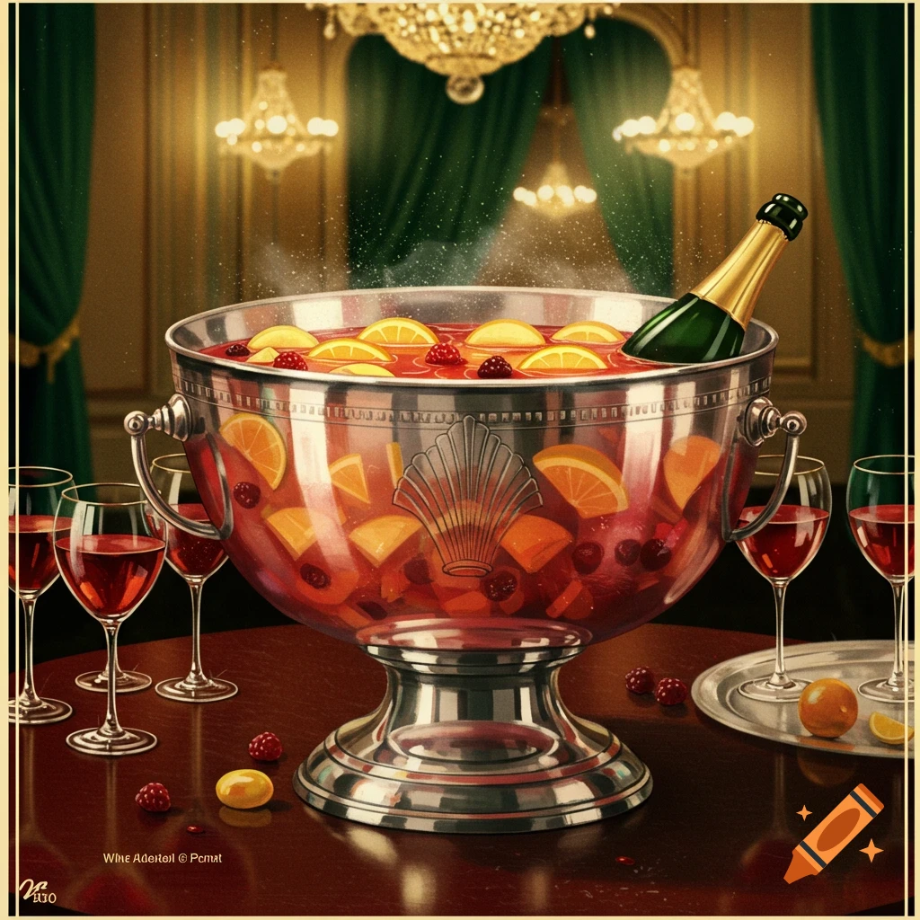 A vintage silver punch bowl filled with red punch, orange slices, and berries, with a champagne bottle inside, on a dark wooden table in a luxurious room.