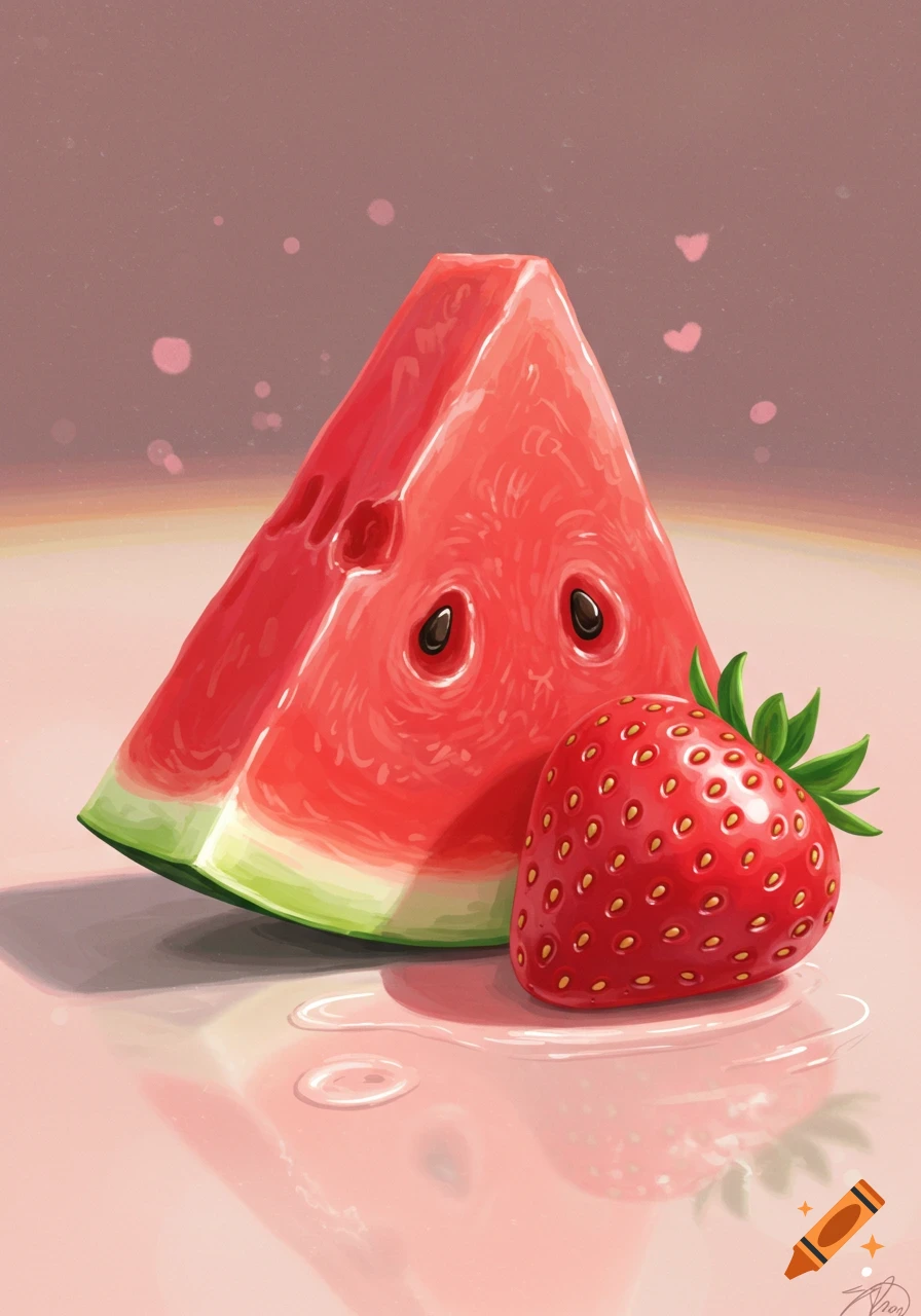 Whimsical illustration of a slice of watermelon with seeds resembling eyes next to a strawberry on a pink surface, with reflections and floating hearts.