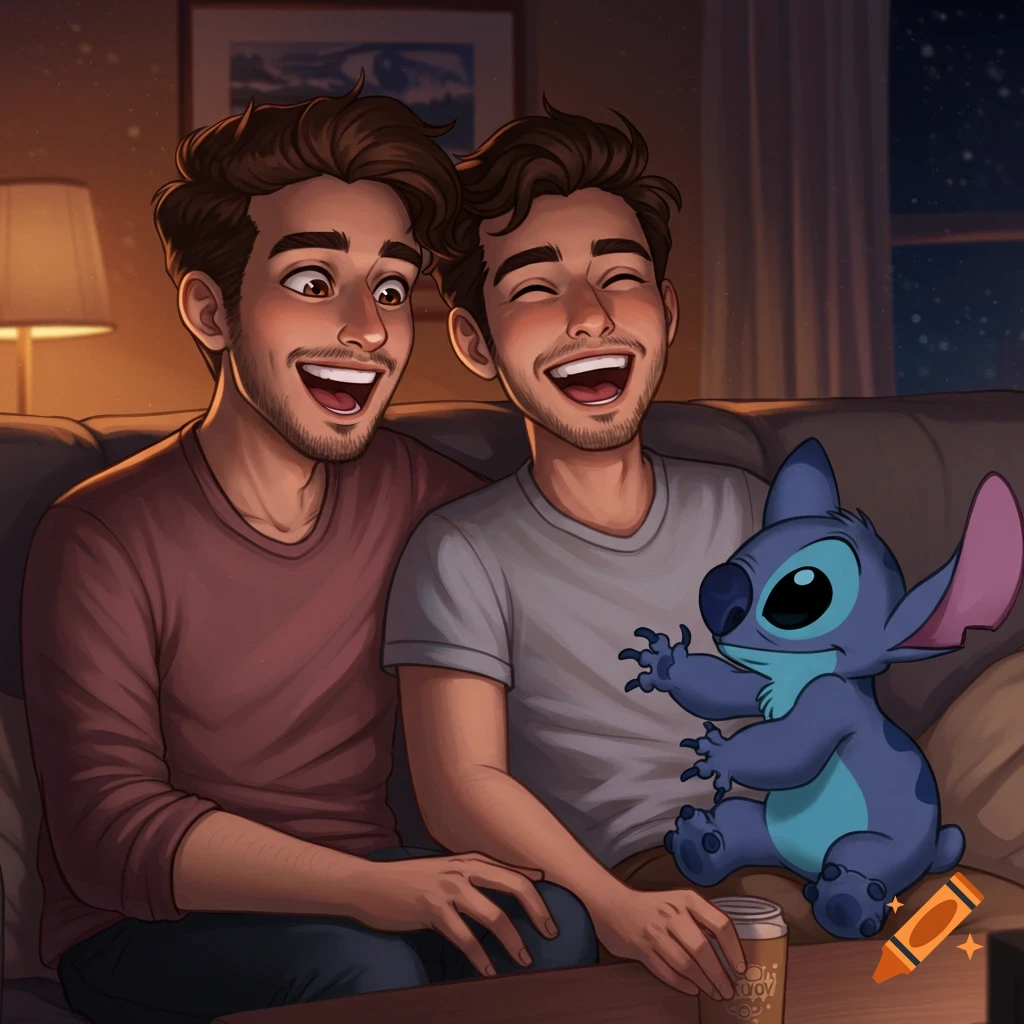 Two animated men laugh on a couch with a cartoon blue alien Stitch, in a cozy, warmly lit living room.