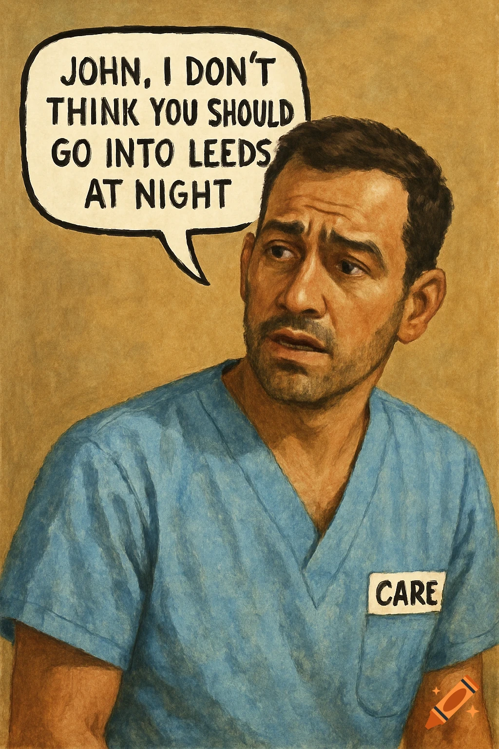 Illustration of a male care worker with a worried expression, looking right, with a speech bubble saying, 'John, I don't think you should go into Leeds at night.'