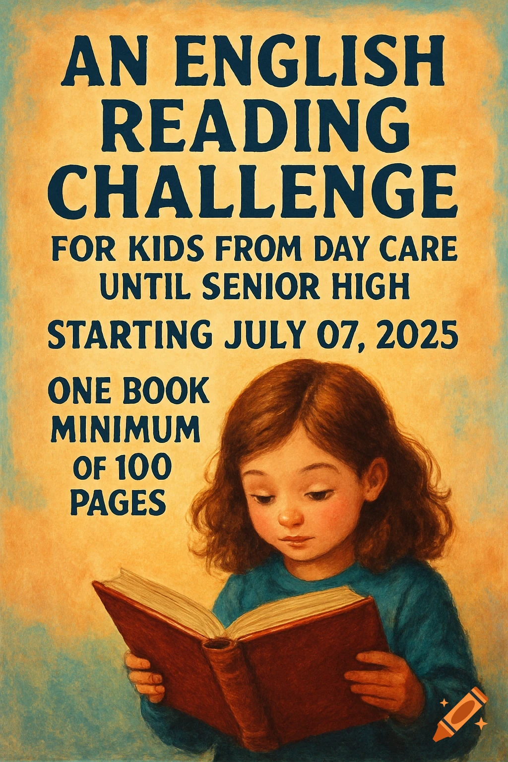 Illustration of a young girl reading a book beneath a poster for an 'English Reading Challenge'.