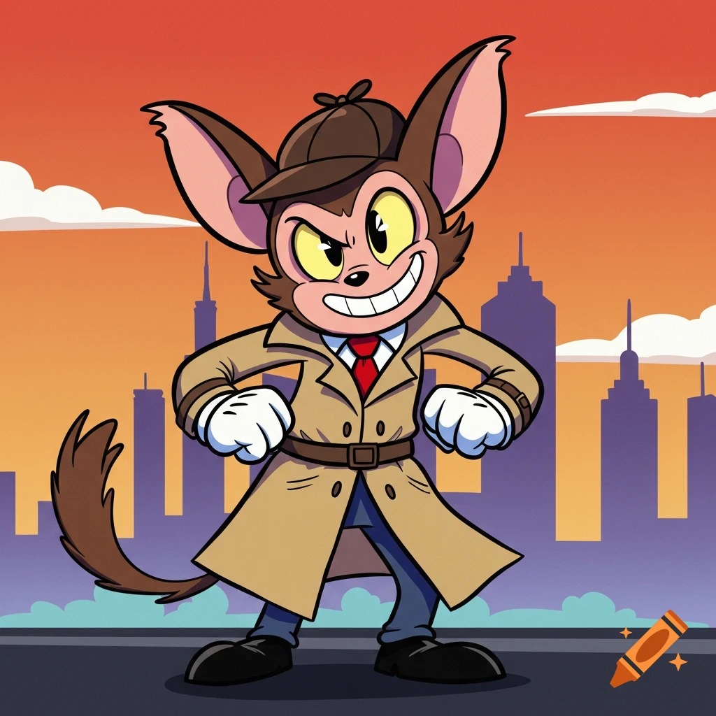 A cartoon manul detective wearing a trench coat and hat stands in front of a city skyline at sunset.