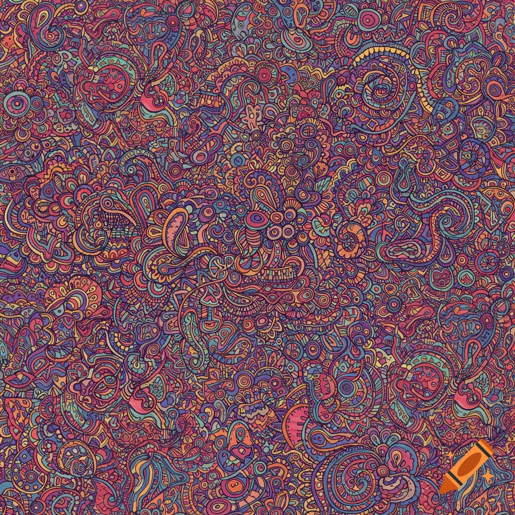 A vibrant and intricate abstract line doodle pattern with swirling organic shapes in shades of purple, blue, orange, red, and yellow.