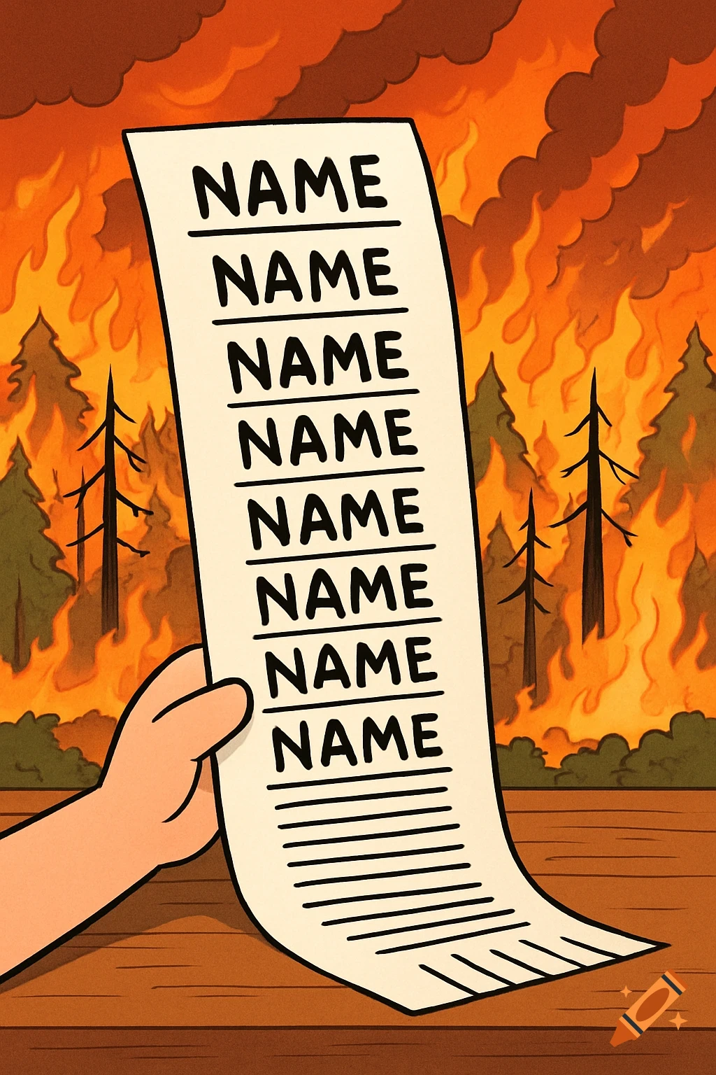 A cartoon hand holds a long paper list with "NAME" repeated against a background of a forest on fire.
