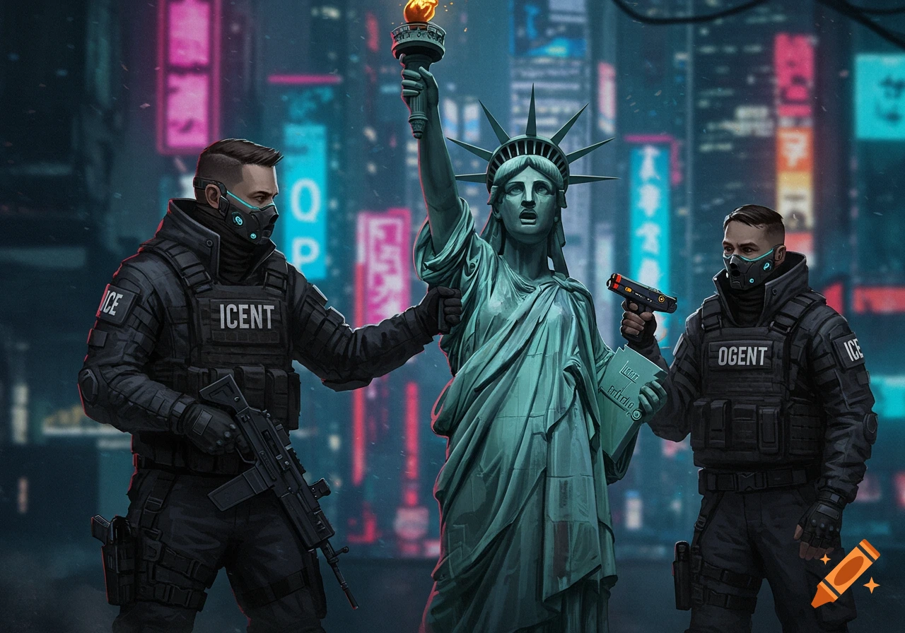 Two tactical agents, one with a rifle, arrest the Statue of Liberty in a neon-lit, futuristic city. The agents wear masks, and Lady Liberty holds a tablet.