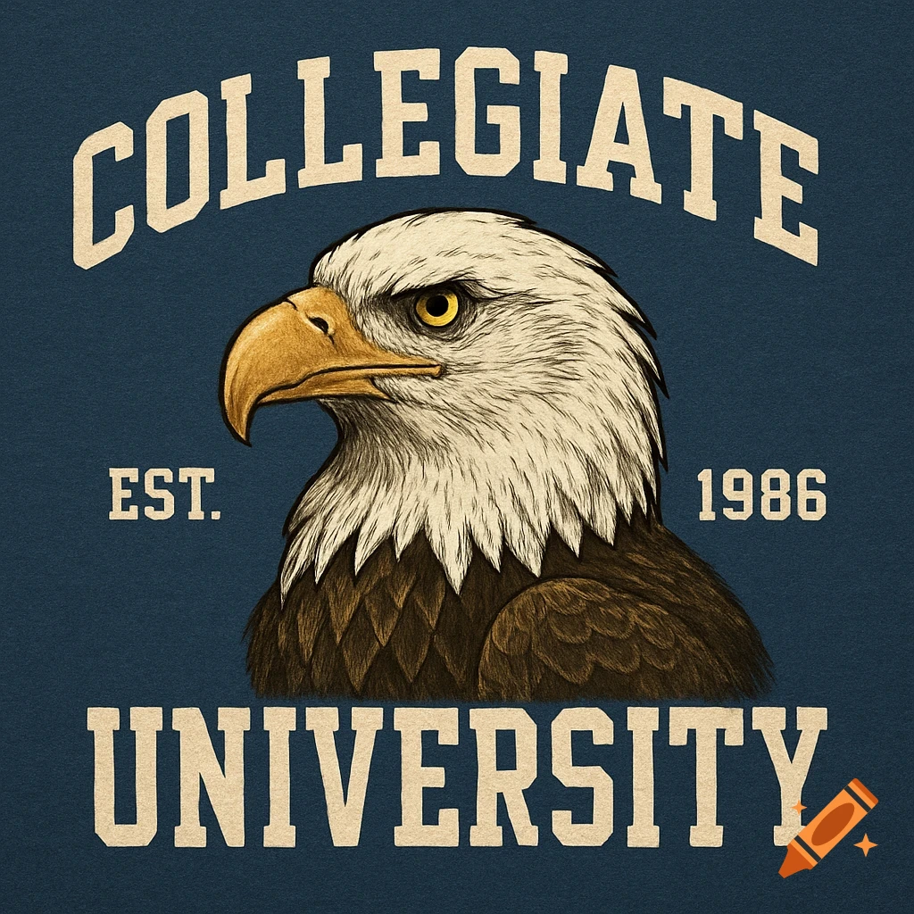 Vintage-style graphic of a bald eagle head with 'COLLEGIATE', 'EST. 1986', and 'UNIVERSITY' text on a dark blue background.
