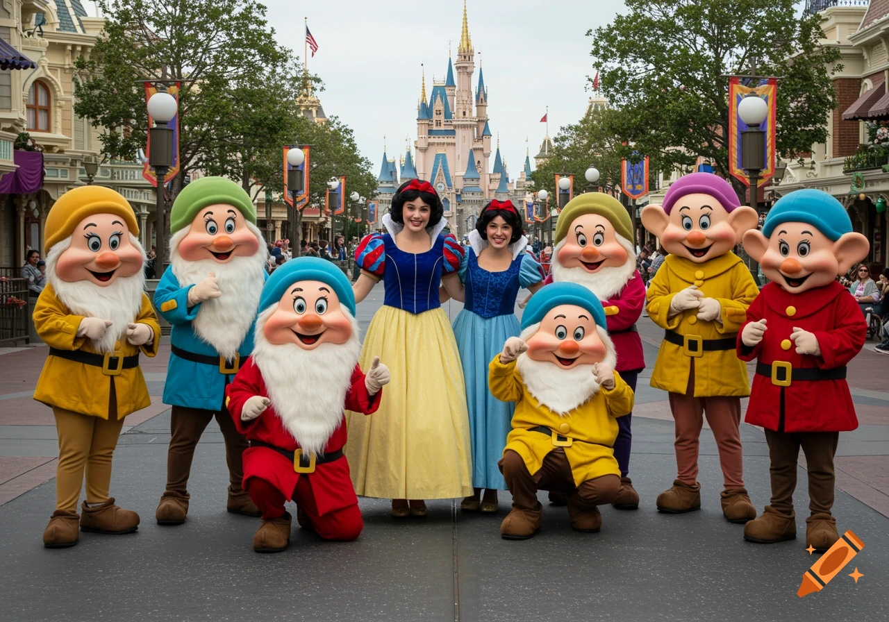 Two Snow White performers and seven dwarf mascots pose in front of Cinderella Castle at Walt Disney World.