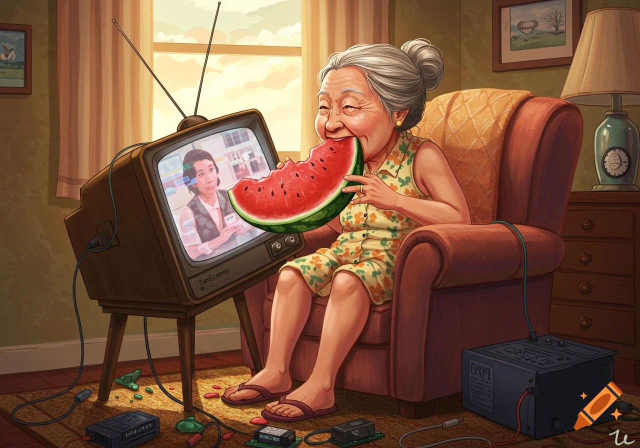 An elderly Asian woman with gray hair sits in an armchair, happily eating a large slice of watermelon while watching an old television set in her living room.