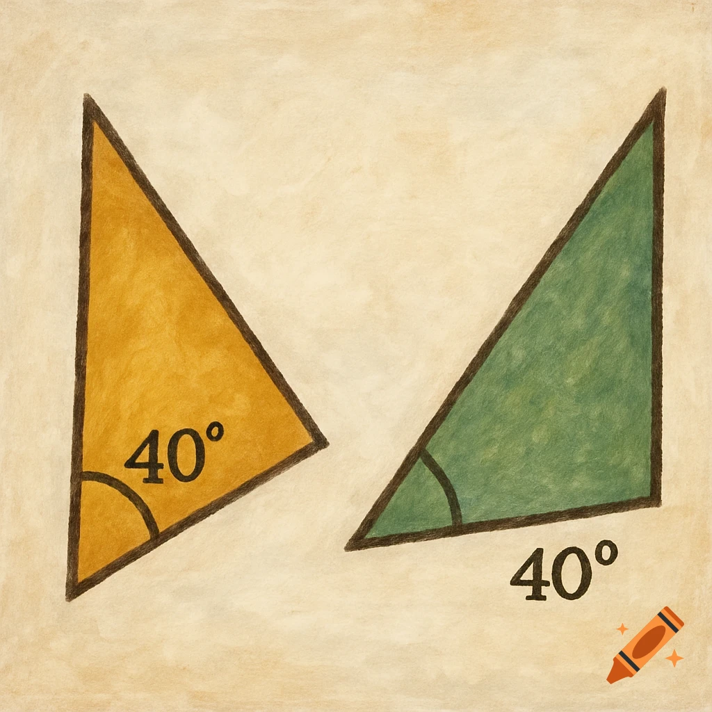 Two non-congruent triangles, one orange and one green, each with a marked 40-degree angle, on a textured beige background in a hand-drawn style.