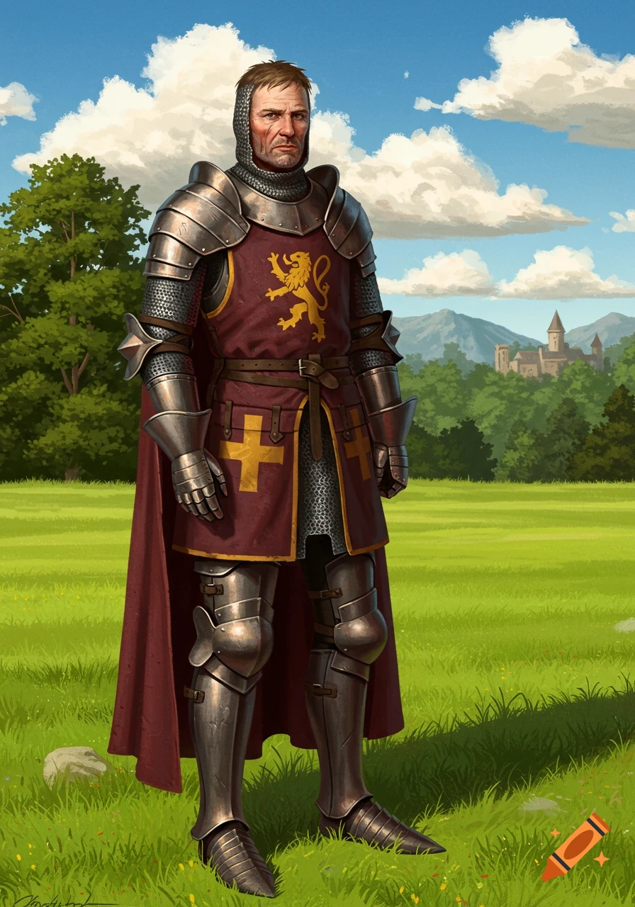 A medieval knight in full plate armor and a red surcoat with a golden lion emblem stands in a green field with a castle in the background. Illustrated.