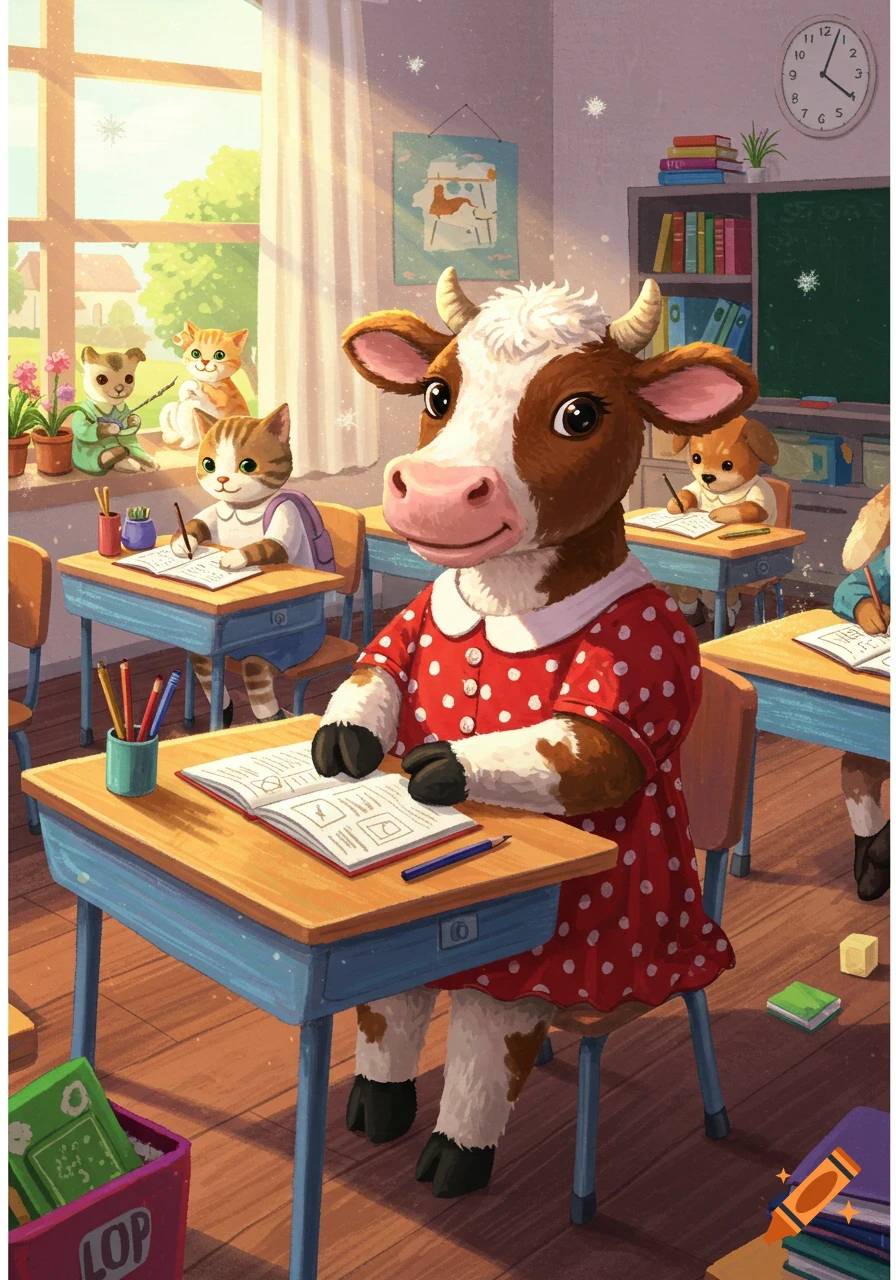 A cartoon cow wearing a red polka dot dress sits at a school desk, drawing in a notebook. Other animal students, including cats and a dog, are visible in the bright classroom.