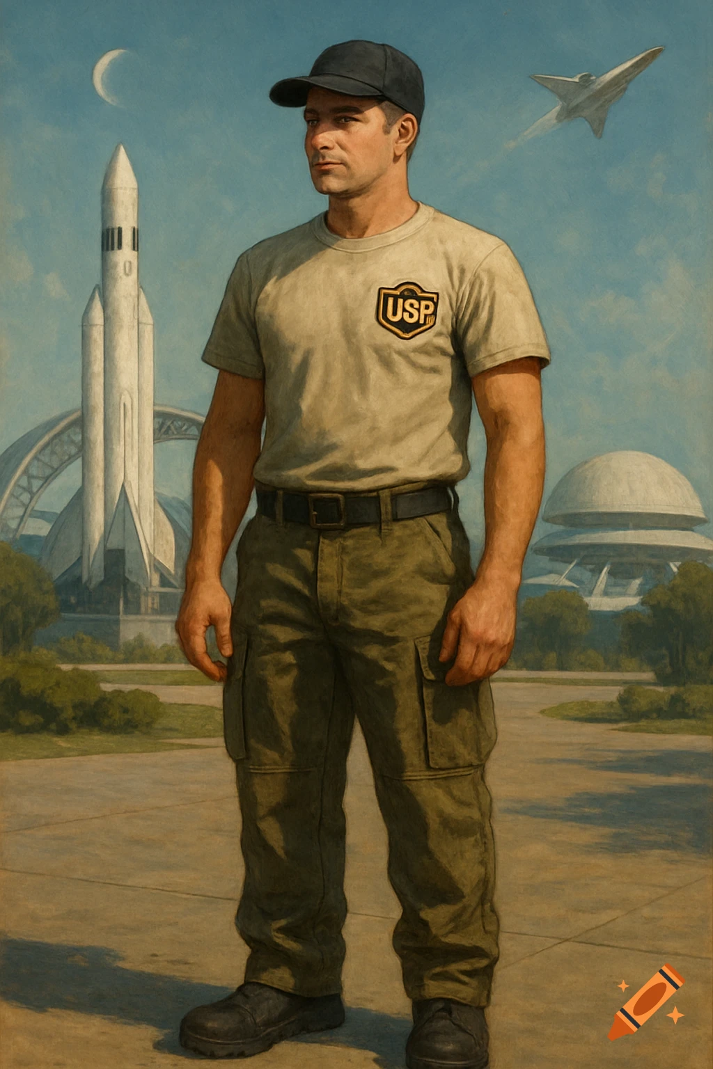 A man in uniform stands before a rocket and futuristic buildings in a spaceport, under a crescent moon.