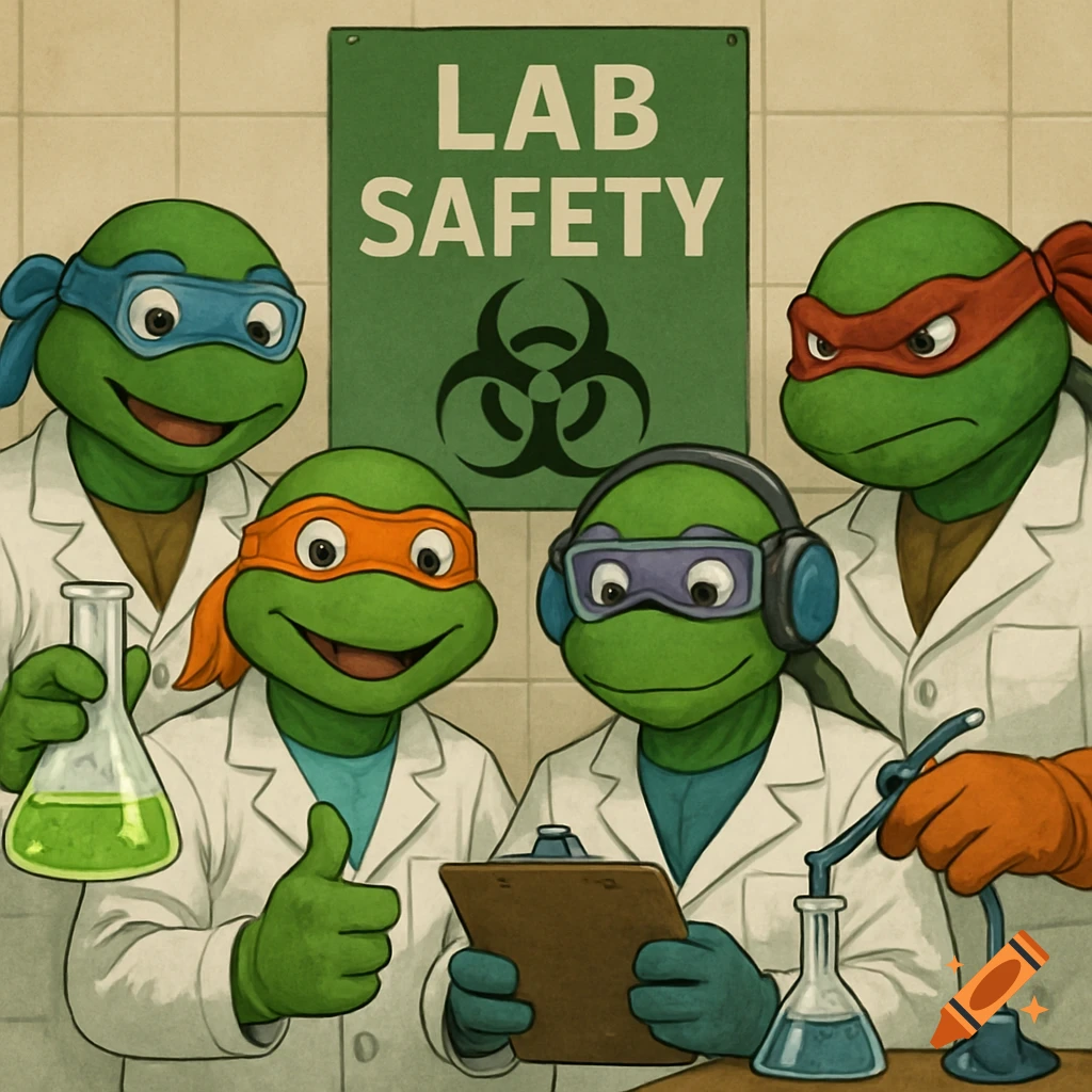 Four Teenage Mutant Ninja Turtles in lab coats in a cartoon style, conducting experiments with beakers, clipboards, and lab equipment, under a 'LAB SAFETY' sign.