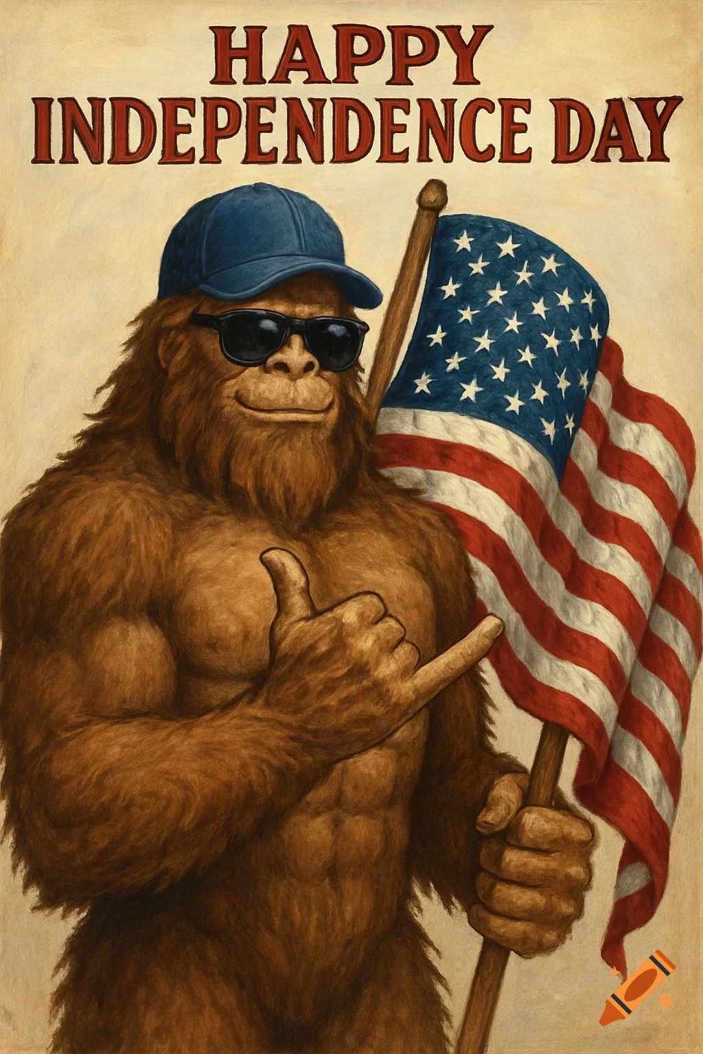 A buff Bigfoot wearing sunglasses and a blue ball cap holds an American flag and gives a shaka sign, with "Happy Independence Day" text above.