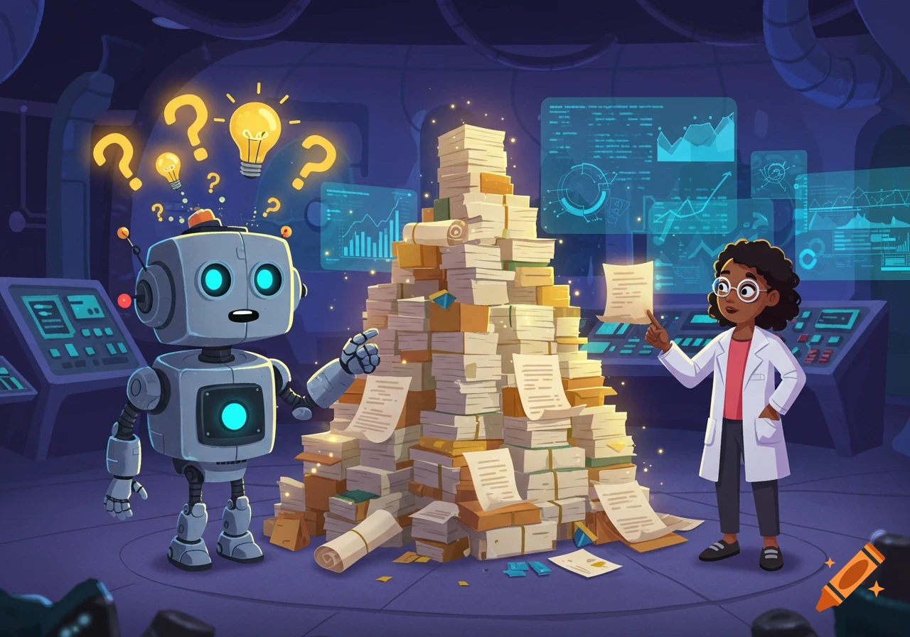 A cartoon robot with question marks and lightbulbs above its head stands next to a large pile of papers and a woman in a lab coat, who is pointing at the papers in a futuristic control room.