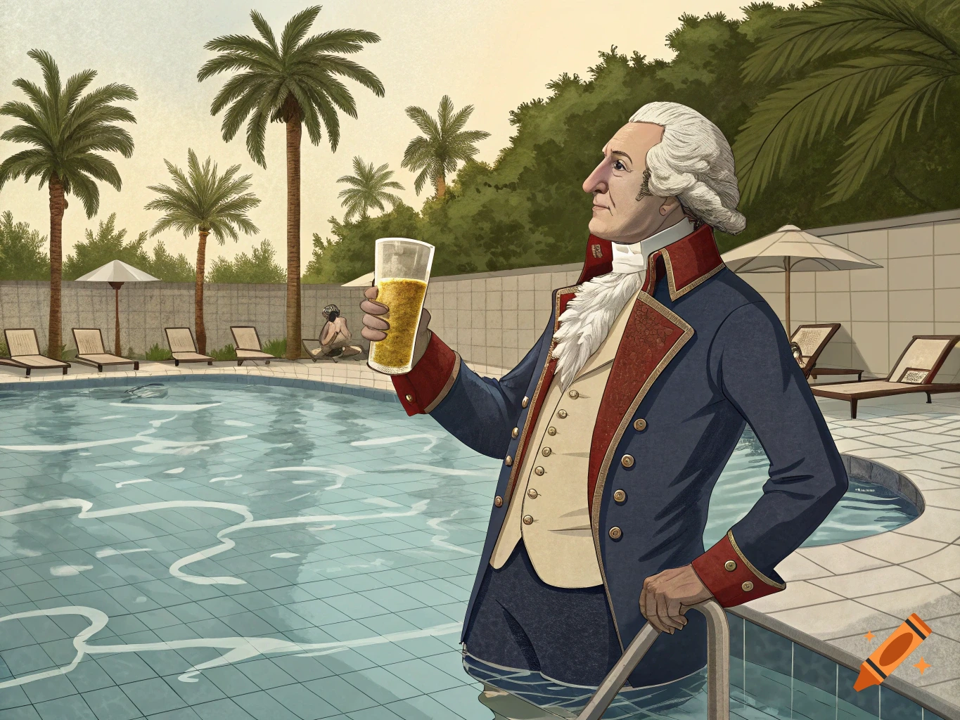 Illustration of George Washington in a pool, dressed in his uniform, holding a glass of beer.