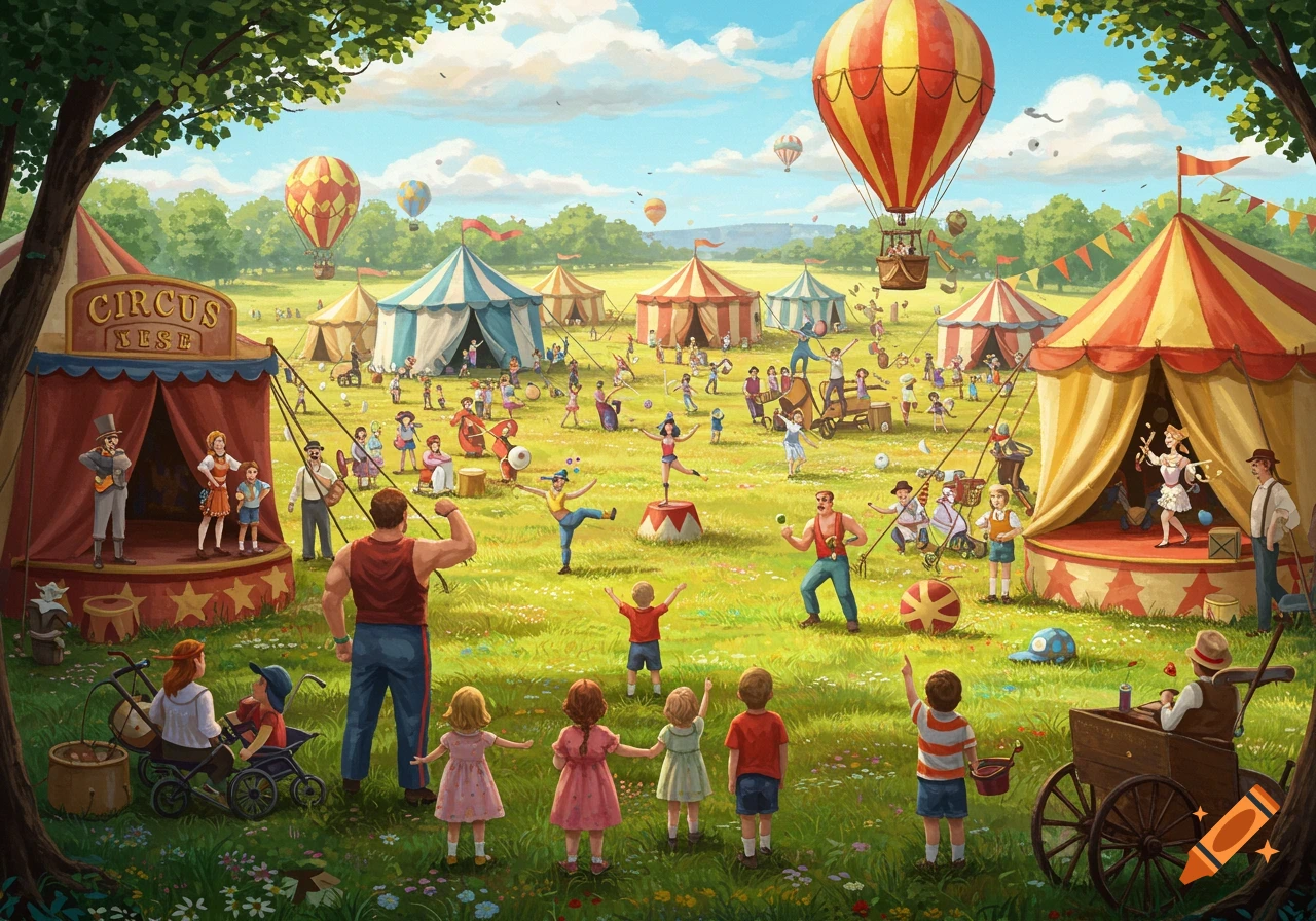 A vibrant, whimsical illustration of a lively outdoor circus, with many people, various tents, and colorful hot air balloons floating in the sky.