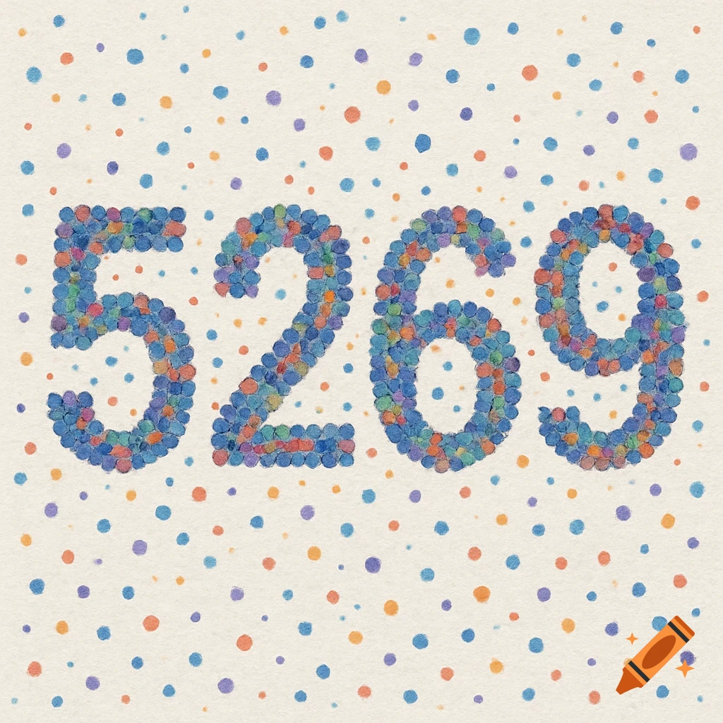 The numbers 5269 formed by many small colorful dots on a textured light background, with scattered dots around.