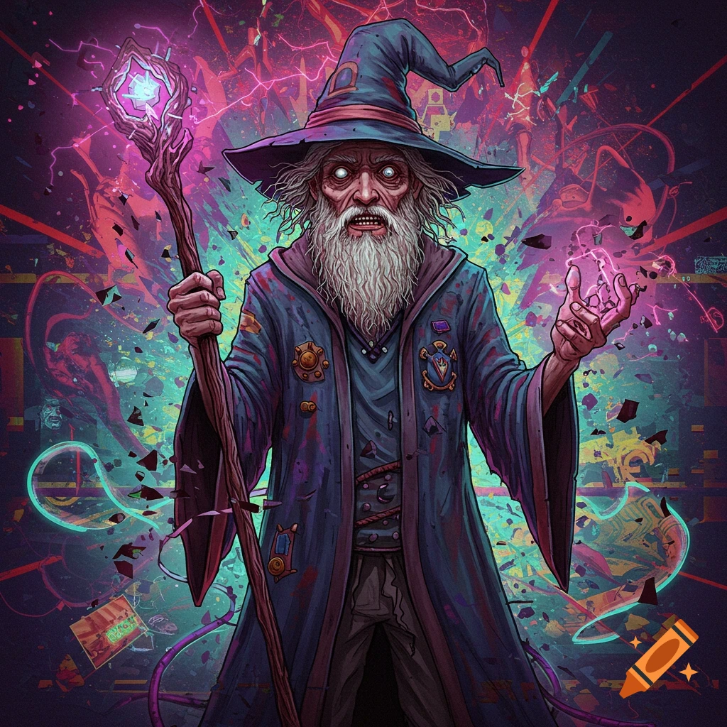A distressed old wizard with glowing eyes and a white beard holds a glowing staff and conjures magic, set against a chaotic, colorful, psychedelic background.
