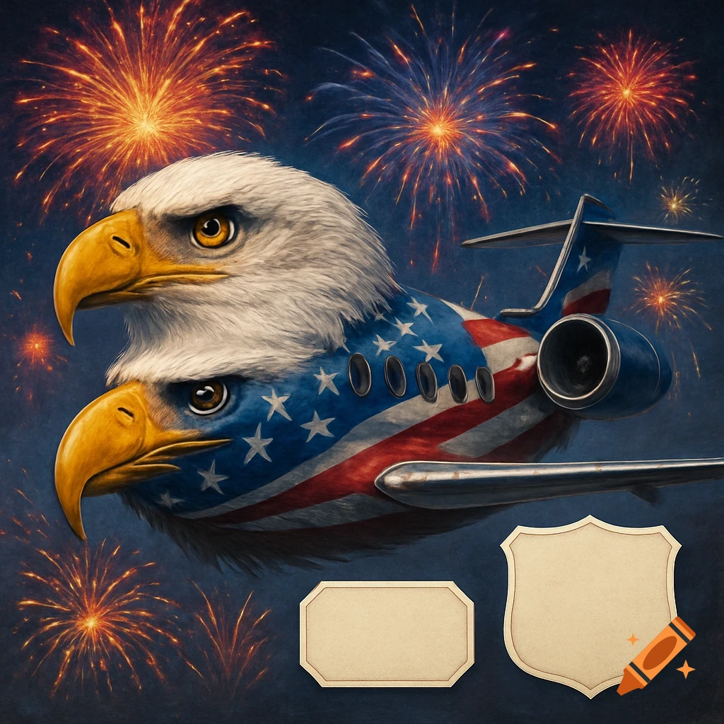 A private jet with two eagle heads featuring an American flag design, flying under a sky filled with fireworks, with two blank badge symbols below.