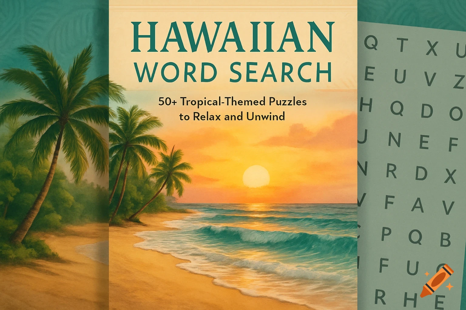 A professional Hawaiian Word Search puzzle book cover featuring a vibrant beach scene with palm trees, ocean waves, and a sunset.