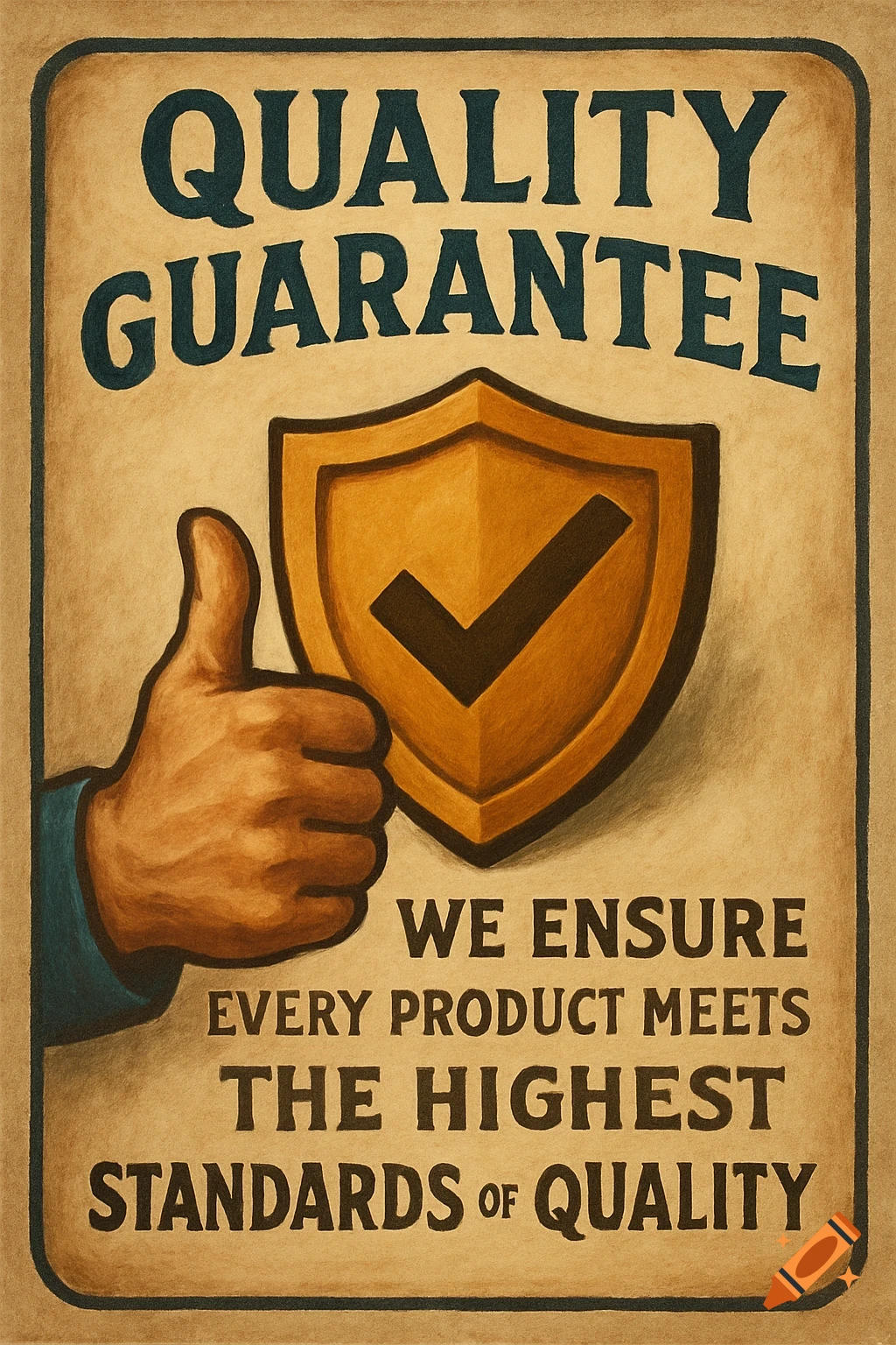 Vintage-style poster with a thumbs-up hand, a shield with a checkmark, and text 'Quality Guarantee'.