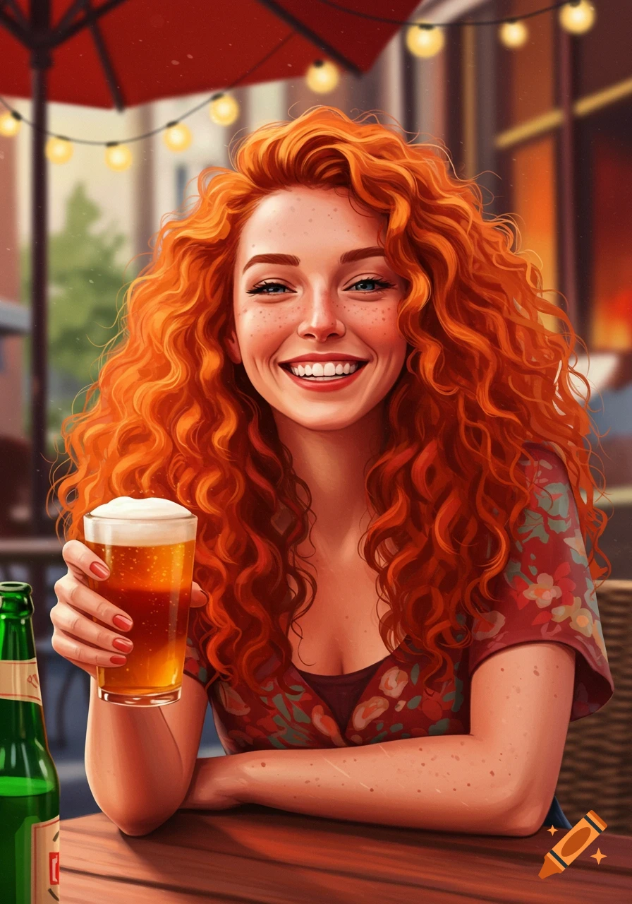 A smiling woman with long, curly red hair holds a glass of beer at an outdoor cafe in a painterly style.