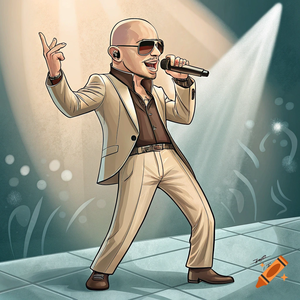 A cartoon illustration of singer Pitbull on stage with a microphone, wearing a light-colored suit.