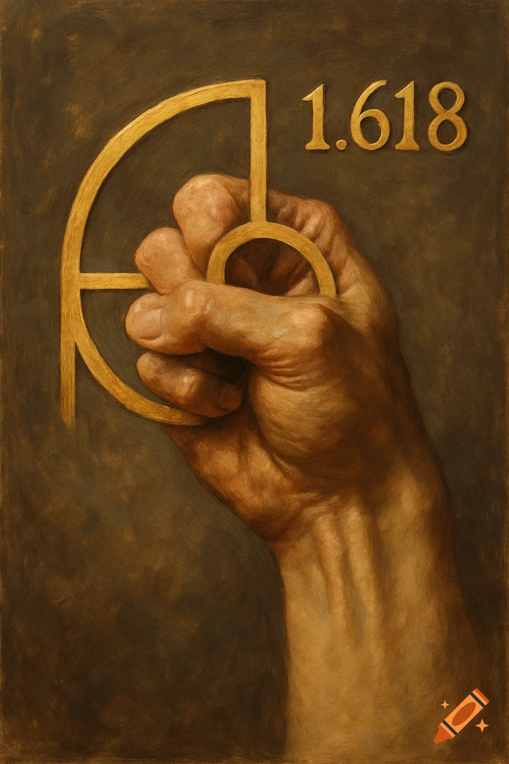A detailed painting of a human hand holding a golden ratio symbol, with the number 1.618 inscribed above.